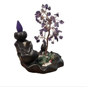 Ceramic Waterfall Incense Burner with Amethyst Crystal Tree and Koi Fish Pond